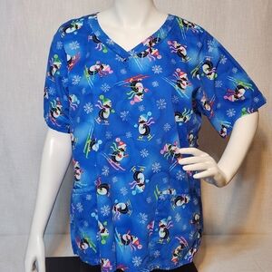 BIO Bring It On Scrubs Top Ski Skating Penguins Winter Cotton Blue XL Xtra Large